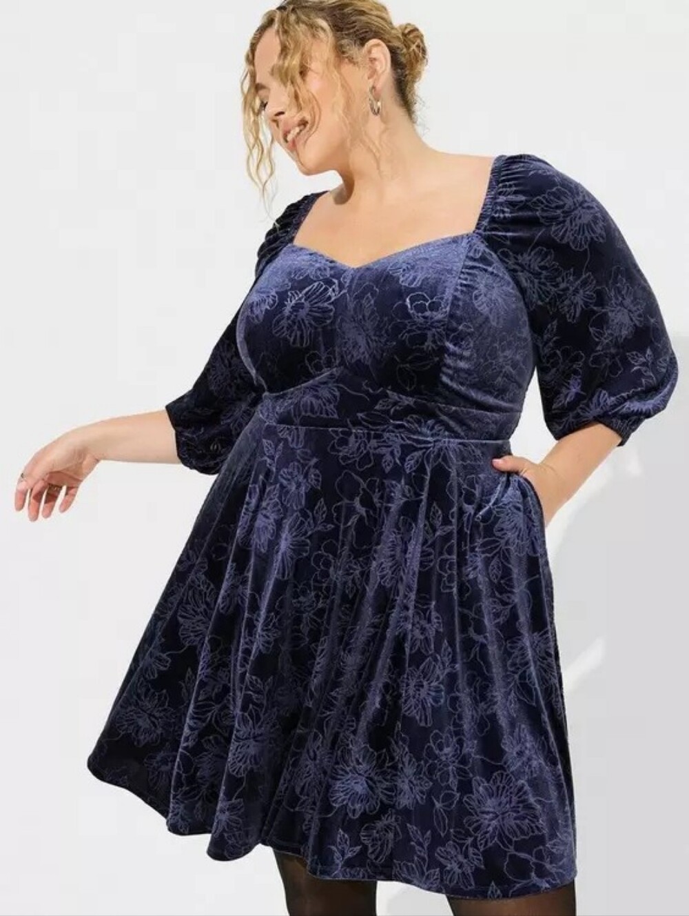 Torrid Navy Floral Velvet Midi Dress with Puff Sleeves